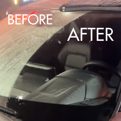 Car windshield with 'Before' and 'After' text showing a comparison of a cleaned versus dirty windshield.